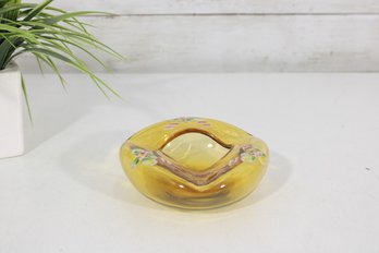 Vintage Amber Hand-Painted Glass Ashtray / Trinket Dish  Floral Design  5'