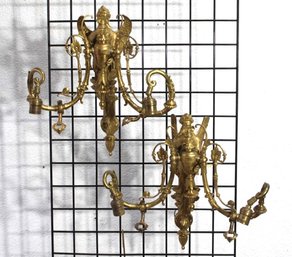 Pair Two Light Antique  Angel Sconces-gilt Bronze