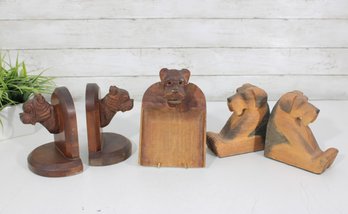 Vintage Hand-Carved Wooden Dog Desk Accessories  Bookends & Letter Holder Set  Folk Art