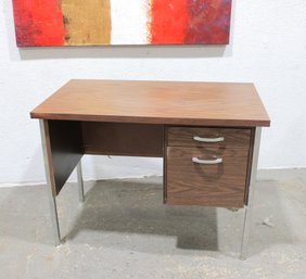 Vintage Mid-Century Modern Desk W/ 2 Drawers Wood Grain & Chrome Legs 40'