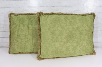 Set Of 2 Oversized Decorative Pillows  Green Damask With Fringe Trim  29 X 22