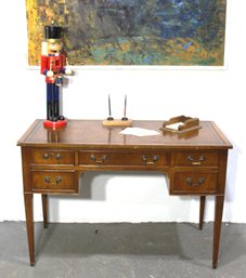 Genuine Mahogany Writing Desk With Inlaid Leather Top And Vintage Charm