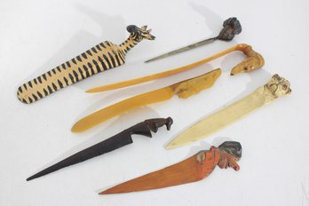 Vintage Figural Letter Openers & Bookmark Lot  Carved Animals & Character Handles  7 Pieces