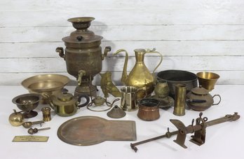Large Group Lot Of Vintage Brass & Copper  Samovar, Pitchers, Bowls & More
