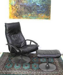 Vintage Black Leather Swivel Recliner With Matching Ottoman