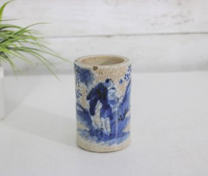 Vintage Blue & White Stoneware Pottery Vase  Figural Scene  4.5' Tall