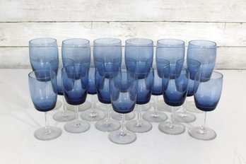 Set Of 18 Vintage Blue Ombre Wine & Water Goblets  Mid-Century Glassware (6' & 7' Tall)