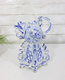 Lenore Pottery Hand-Painted Blue & White Pitcher  Ornate Folk Art Ceramic  11'