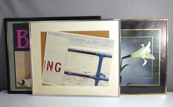 Group Lot Of Three Framed Prints  Ballet, Beach Scene, And Lilies