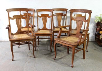 Set Of 6 Balloon Back Wood And Cane Dining Chairs