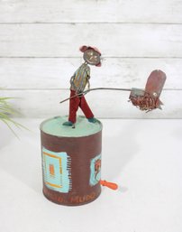 Vintage Folk Art Metal Wind-Up Toy Sculpture  Whimsical Tin Can Figure  10'