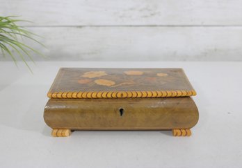 Vintage Inlaid Wood Jewelry Box W/ Floral Marquetry  Red Velvet Lined  8' X 5' X 2.5'