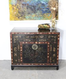 'Antique Hand-Painted Floral Cabinet With Brass Hardware  Elegant Storage Solution'