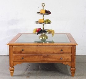 Large Ethan Allen Square Vitrine Coffee Table, With Two Drawers, Top Drawer Lined With Velvet, Beveled Glass T