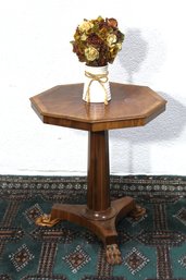 Vintage Octagonal Pedestal Side Table With Inlaid Top And Claw Feet