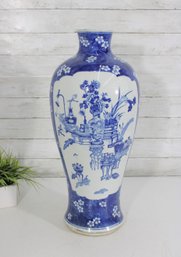 Large Blue & White Porcelain Floor Vase  Asian Scenic Motif  24' Tall