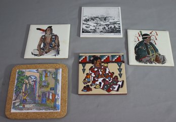 Group Lot Of 5 Decorative Tile Cork-backed Trivets Including Delano Studios And Currier & Ives