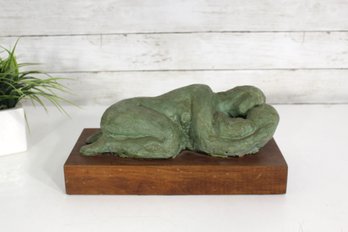Vintage Modernist Mother And Child Sculpture  Reclining Form On Wood Base (5.5'H X 12.5'W X 6'D)