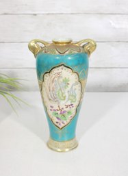 Antique Nippon Hand-Painted Vase  Turquoise & Gold Moriage Floral  9' Tall