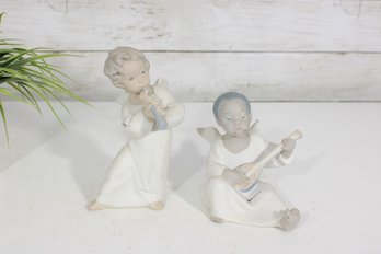 Lot Of 2 Lladro Angels Playing Instruments Figurines  Matte Finish  4.5 & 6 Tall