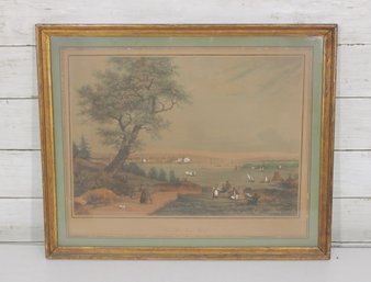 Colored Engraving Harbor Scene  Figures & Sailing Ships  Framed  15 X 18.5