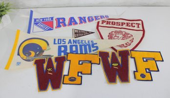 Vintage Felt Sports Pennants & Letter Patches Lot  NY Rangers, LA Rams, 1956 Little League