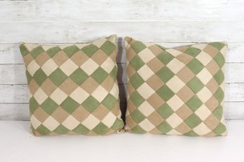 Set Of 2 Decorative Throw Pillows  Green & Tan Diamond Pattern  16 X 16
