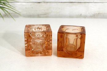 Pair Of Amber Glass Cube Candle Holders  Sun Face & Heart Design (2.5' X 3')