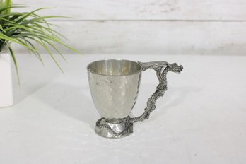 Vintage Fellowship Foundry 2004 Pewter Dragon Handle Cup Mug  Hammered Finish  3.5'