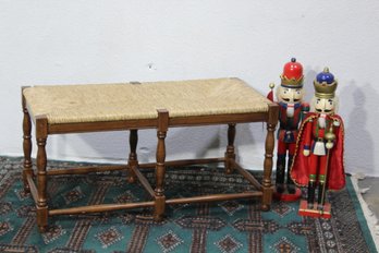 Vintage Woven Rush Seat Bench With Turned Wooden Frame