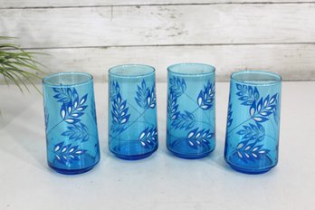 Set Of 4 Vintage Blue Glass Tumblers With Leaf Design  5'H Mid-Century Drinkware