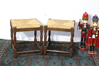 Set Of Two Ballard Designs Woven Rush Seat Stools With Turned Wooden Frames
