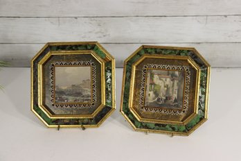 Pair Of Vintage 8.5' X 8.5' Octagon Frames W/ Miniature Prints  Gilt & Green Marbled Like Accents