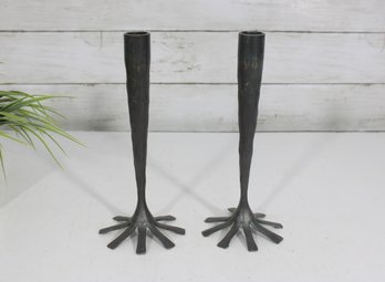 Pair Hammered Black Iron Taper Candlesticks  Brutalist Style Branch Base Holders  9'