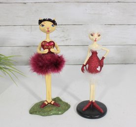 Set Of 2 Fancy Cat Valentine Figurines  Be Mine Heart & Red Glitter Dress  Feather Trim  9' & 10'