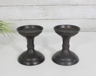 Pair Pottery Barn Dark Metal Candle Holders  Etched Rim Pedestal Candlesticks  5.5'