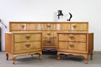 Vintage 3pc Marble Top American Of Martinsville Bedroom Set -Metal Rope Bow Drawer Pulls