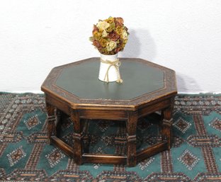 Vintage Octagonal Coffee Table With Carved Details And Leather Inlay  Some Wear I Draw