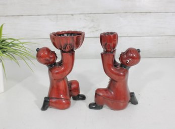 Pair Fitz & Floyd Vernissage Ceramic Candlestick Holders  Red Figural Kneeling Figures  6.5'