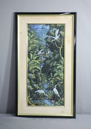 Framed Vintage Balinese Crane Mountain Spring Painting On Canvas, Signed LL