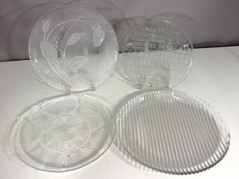 Vintage Pressed & Etched Glass Plate Lot  Set Of 4 Decorative Serving Trays