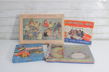 Vintage Board Games & Puzzles Lot  Jingo, Meet The Presidents, Family Home Bank, Little Lady-as Is