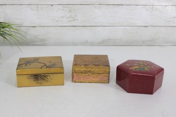 Lot Of 3 Vintage Decorative Trinket Boxes  Asian Style Lacquer & Hinged Boxes