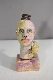 9' Signed Ceramic Sculpture By Caruso  Whimsical Bust With Bird & Coil Detail  Mixed Media Art