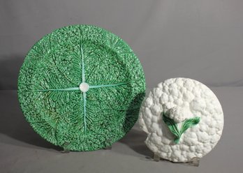 Vintage Portuguese Majolica Lettuce Leaf Plate And Cabbage Tureen Lid