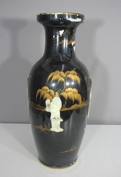 Large 24' Hand-Painted Asian Black Lacquer Vase - Raised Figures & Gold Detailing