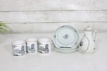 Vintage Black & White Scenic Porcelain Set  Lidded Pot, Cups & Plates  6-Piece Lot