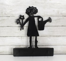 Whimsical Metal Wall Art Figure  Girl With Flowers & Watering Can  17 X 14 Garden Dcor Hook Rack