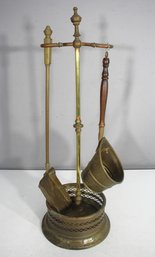 Vintage Brass & Wood Fireplace Tool Set  Ash Bucket, Shovel & Stand