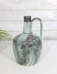 Vintage Art Pottery Vase W/ Handle Floral Silver Overlay Inlay Green Swirl Glaze 9'